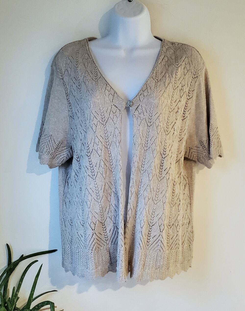 Northern Reflections Womens Tan Short Sleeve Loose Knit Open Cardigan Size L